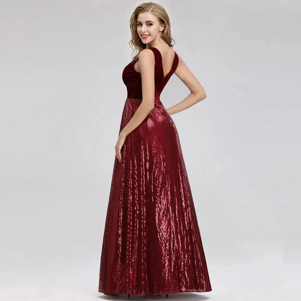 Burgundy Velvet Sequins V Neck Long Formal Dresses