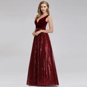 Burgundy Velvet Sequins V Neck Long Formal Dresses