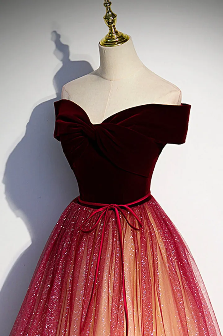 Burgundy Velvet Tulle Long Prom Dresses Off the Shoulder Formal Evening Dresses Sparkly