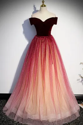 Burgundy Velvet Tulle Long Prom Dresses Off the Shoulder Formal Evening Dresses Sparkly