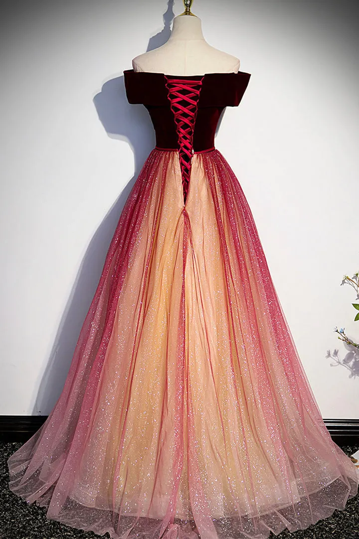 Burgundy Velvet Tulle Long Prom Dresses Off the Shoulder Formal Evening Dresses Sparkly