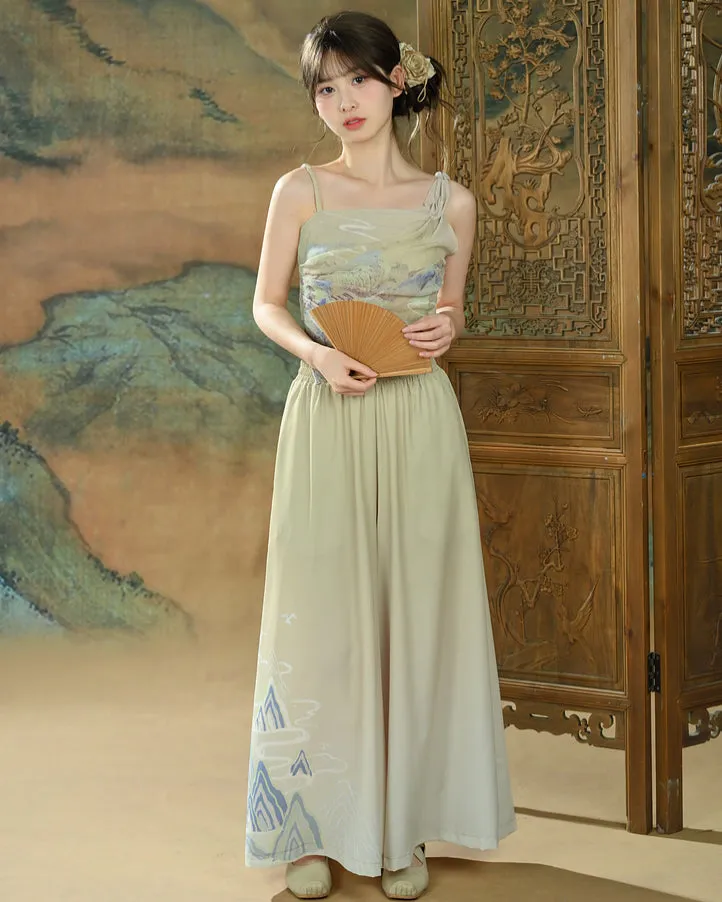 Chinese-style Printed Chiffon Wide-leg Pants