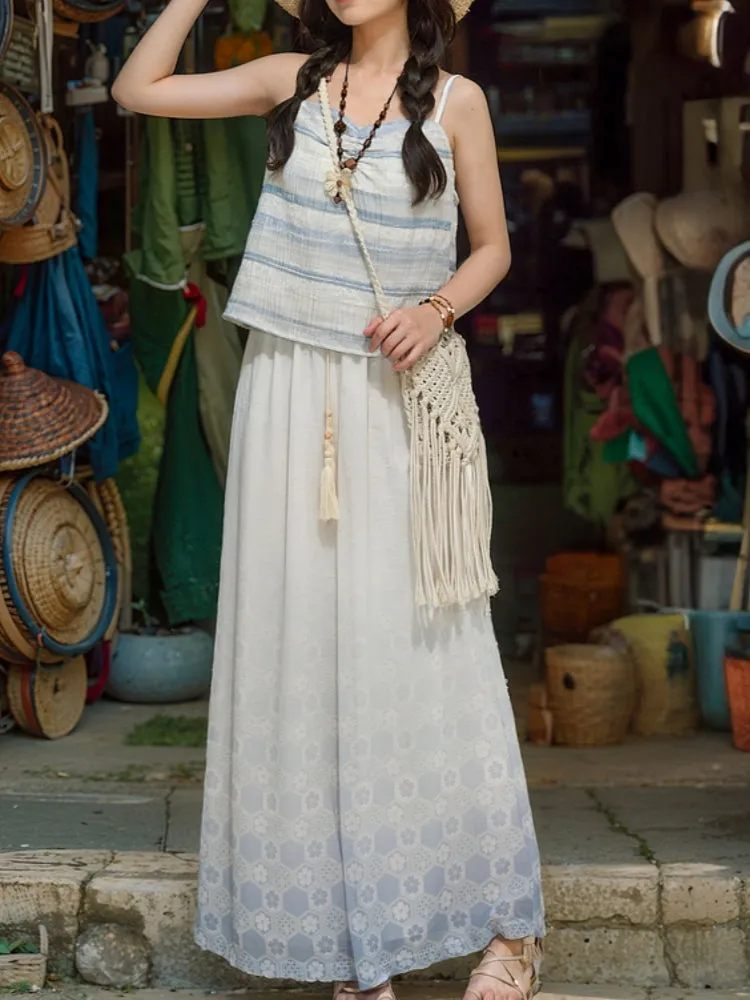 Chinese Style Printed Chiffon Wide-Leg Pants