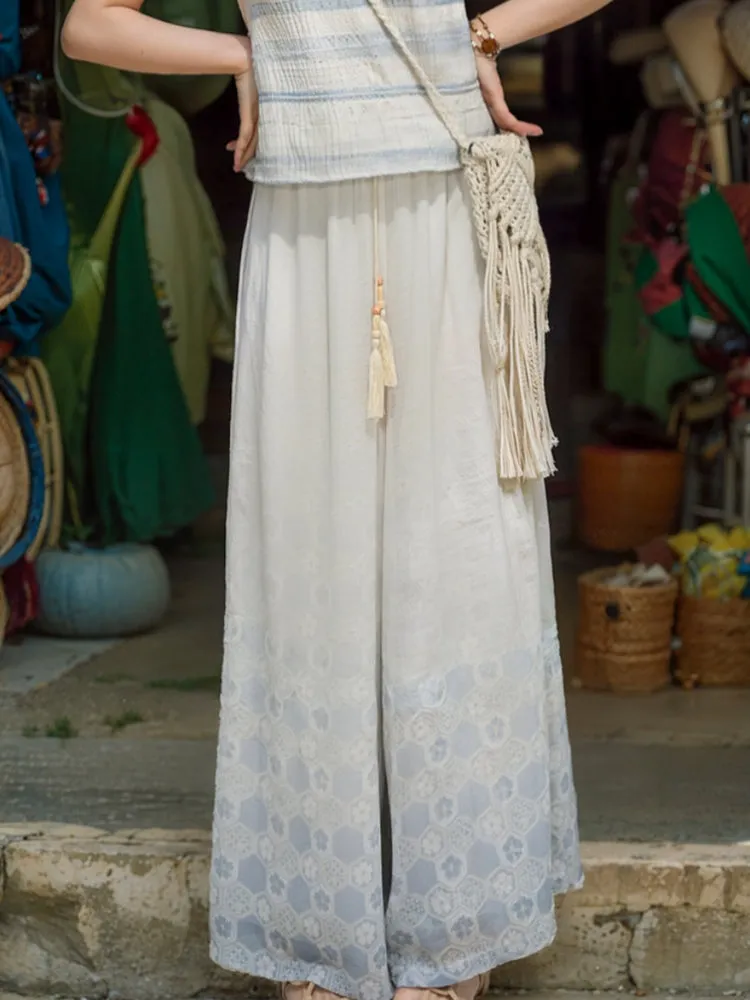 Chinese Style Printed Chiffon Wide-Leg Pants