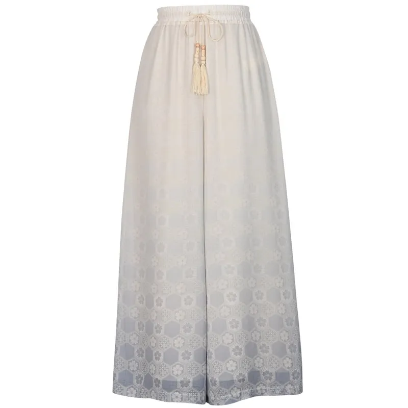 Chinese Style Printed Chiffon Wide-Leg Pants