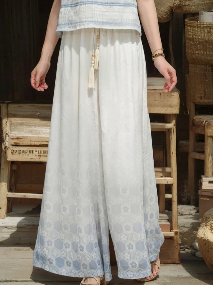 Chinese Style Printed Chiffon Wide-Leg Pants