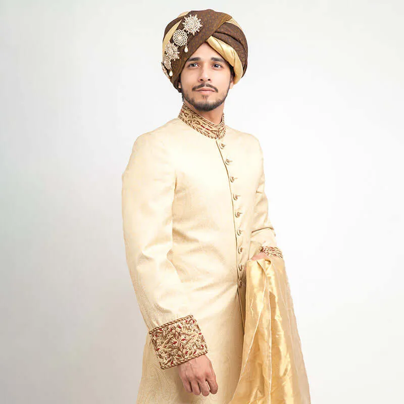 Cream Pure Jamavar Silk Form-Fitted Sherwani