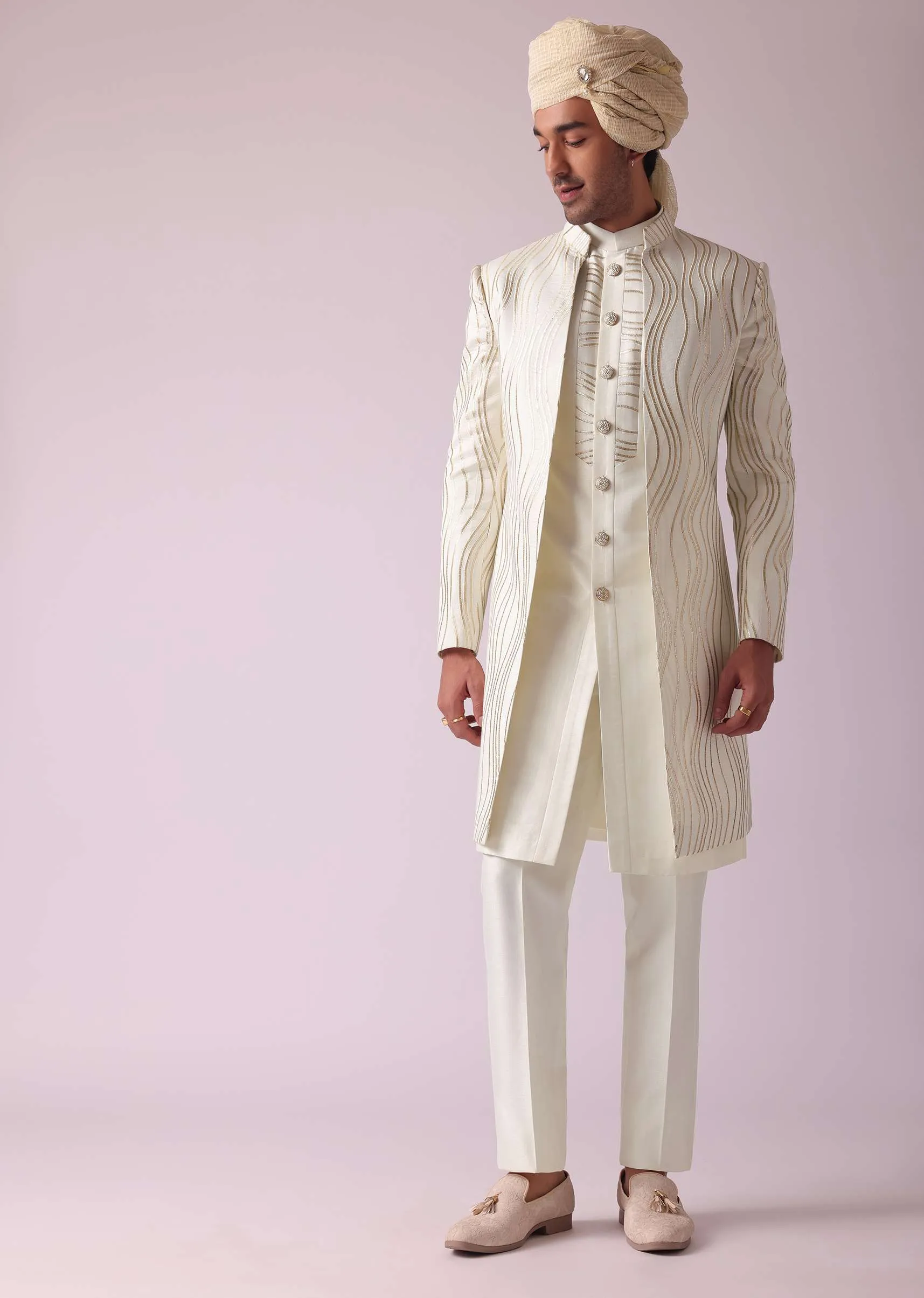 Cream White Embroidered Indowestern In Dupion Silk