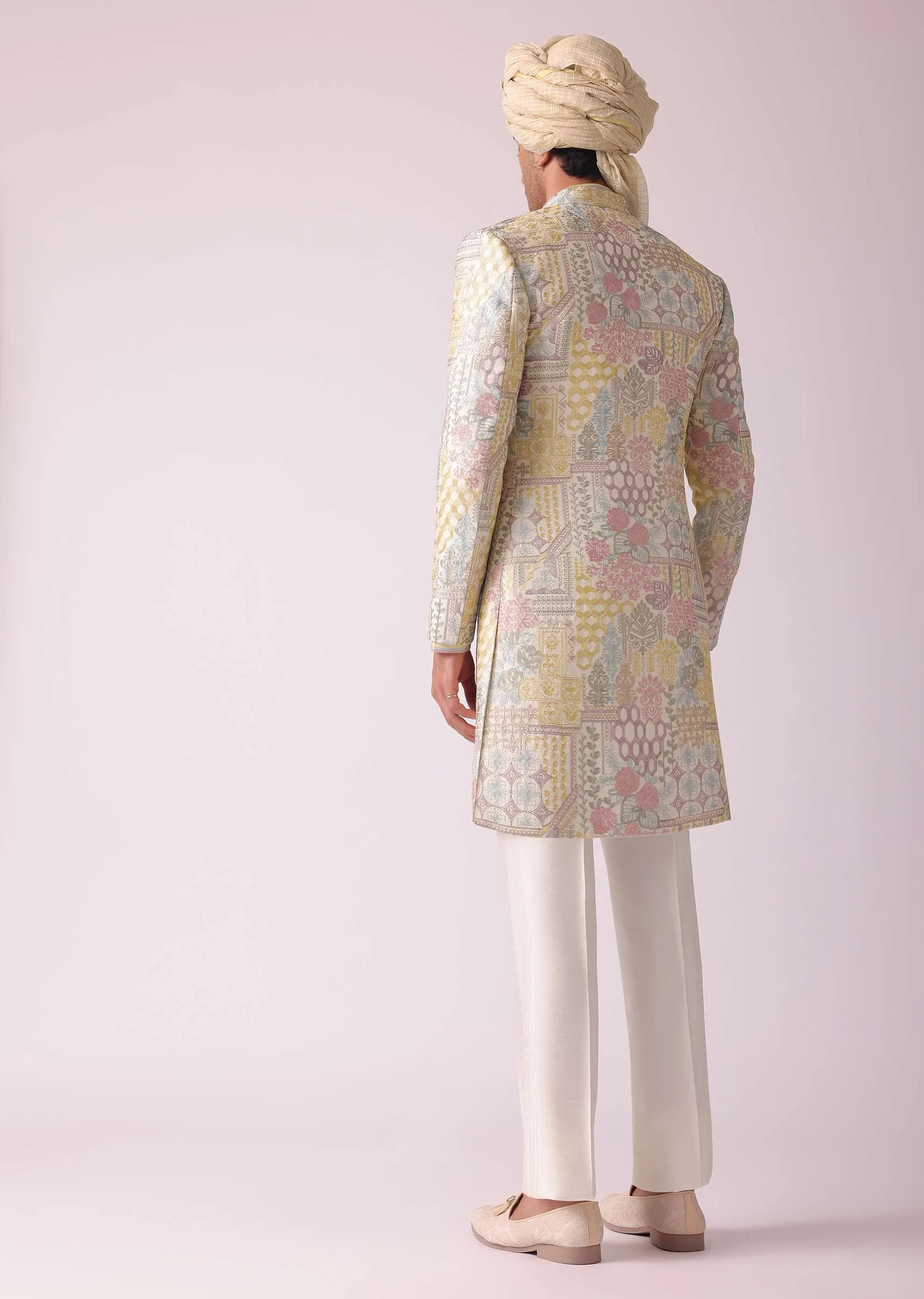 Cream White Printed Indowestern In Dupion Silk
