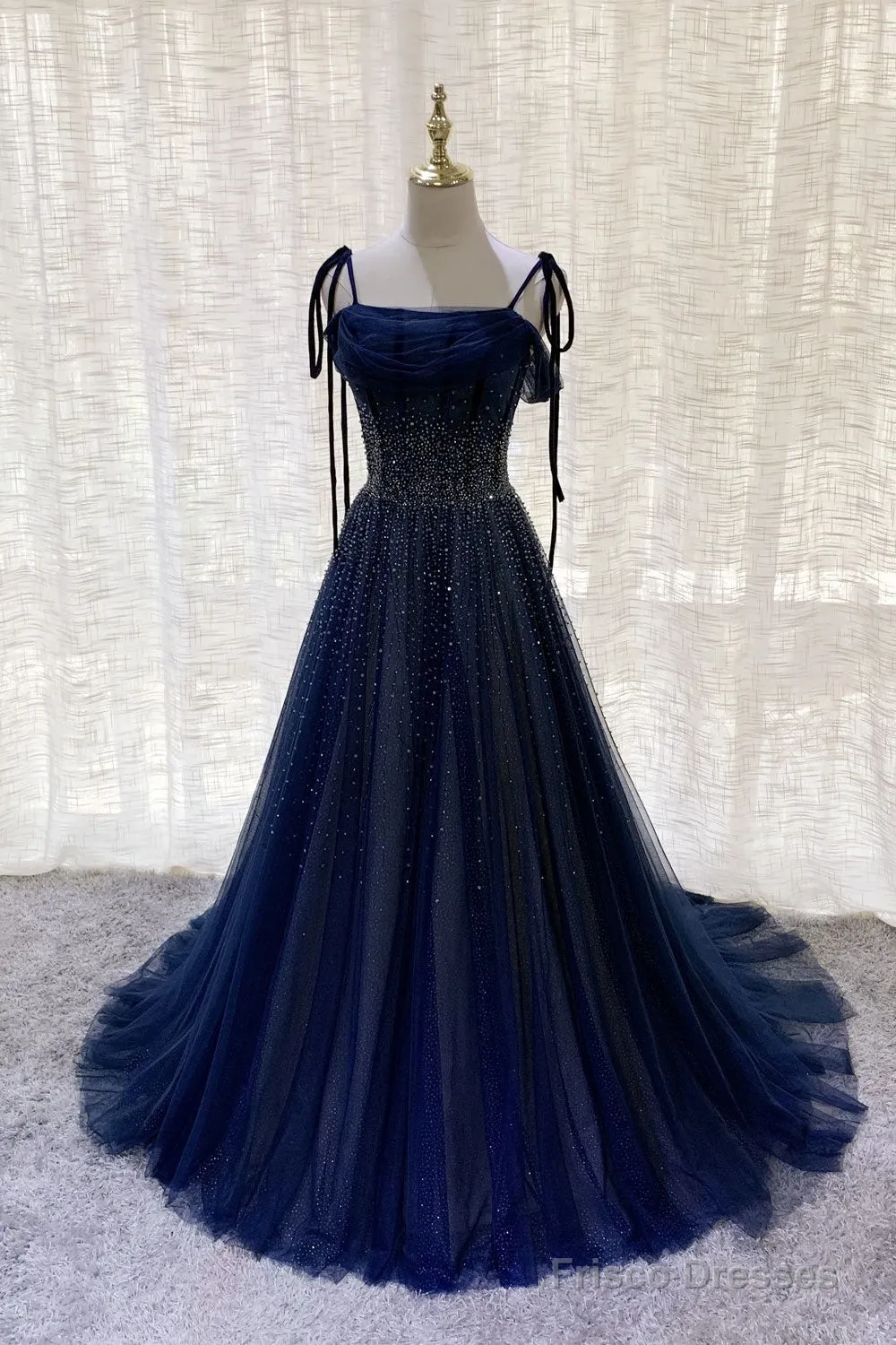Dark Blue Tulle Sequin Long Prom Dress, Dark Blue Evening Dress