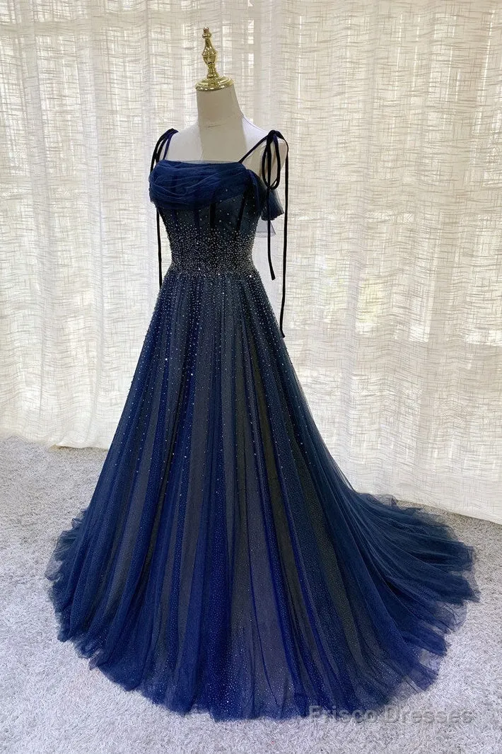 Dark Blue Tulle Sequin Long Prom Dress, Dark Blue Evening Dress