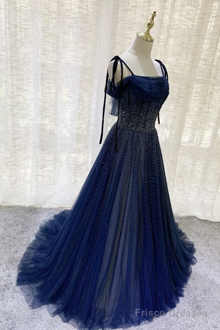 Dark Blue Tulle Sequin Long Prom Dress, Dark Blue Evening Dress