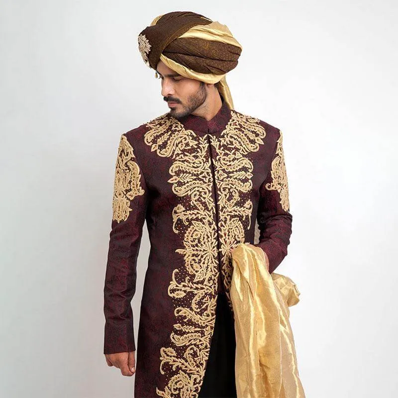 Deep Burgundy Pure Jamavar Silk Shux Sherwani