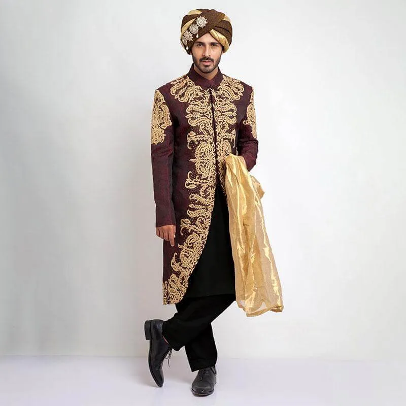 Deep Burgundy Pure Jamavar Silk Shux Sherwani