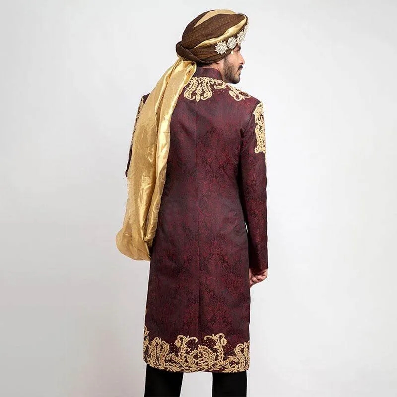 Deep Burgundy Pure Jamavar Silk Shux Sherwani