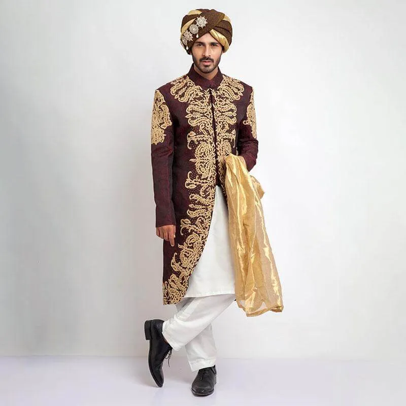 Deep Burgundy Pure Jamavar Silk Shux Sherwani