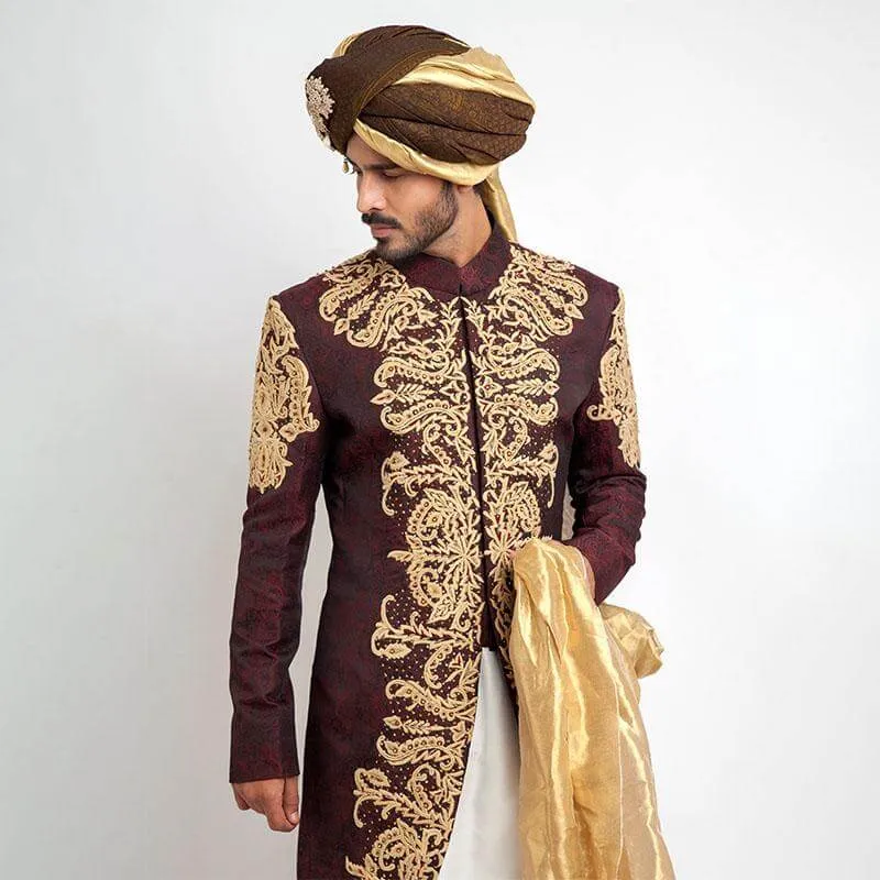 Deep Burgundy Pure Jamavar Silk Shux Sherwani