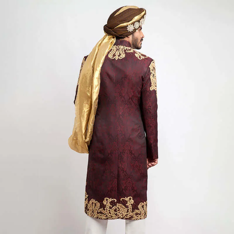 Deep Burgundy Pure Jamavar Silk Shux Sherwani