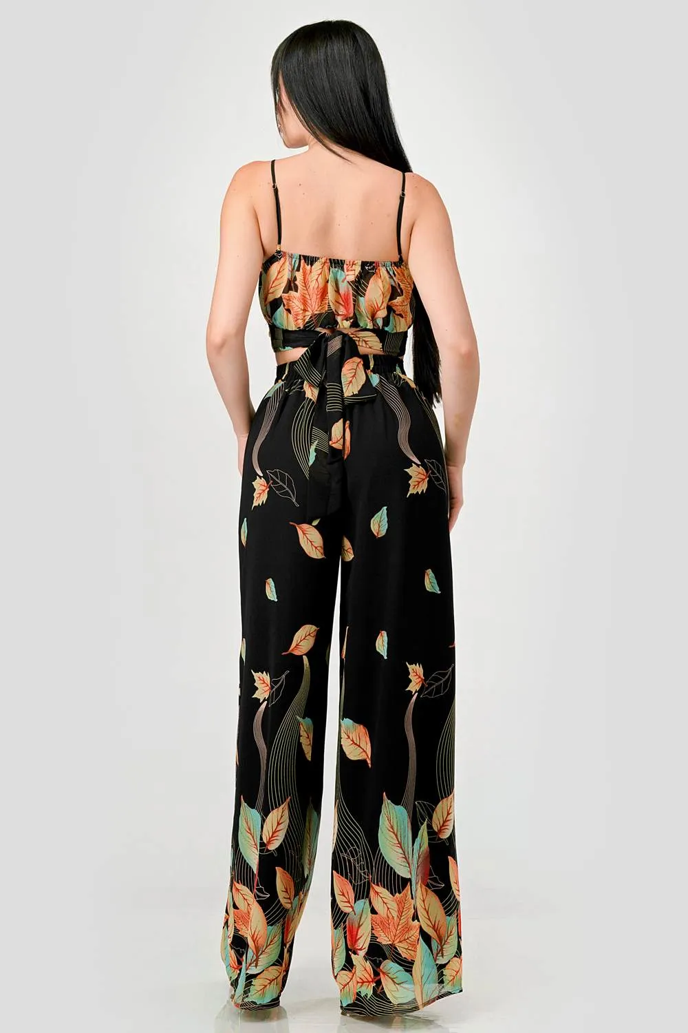 DRY LEAF PRINT CHIFFON CROPPED TOP & PANTS SET