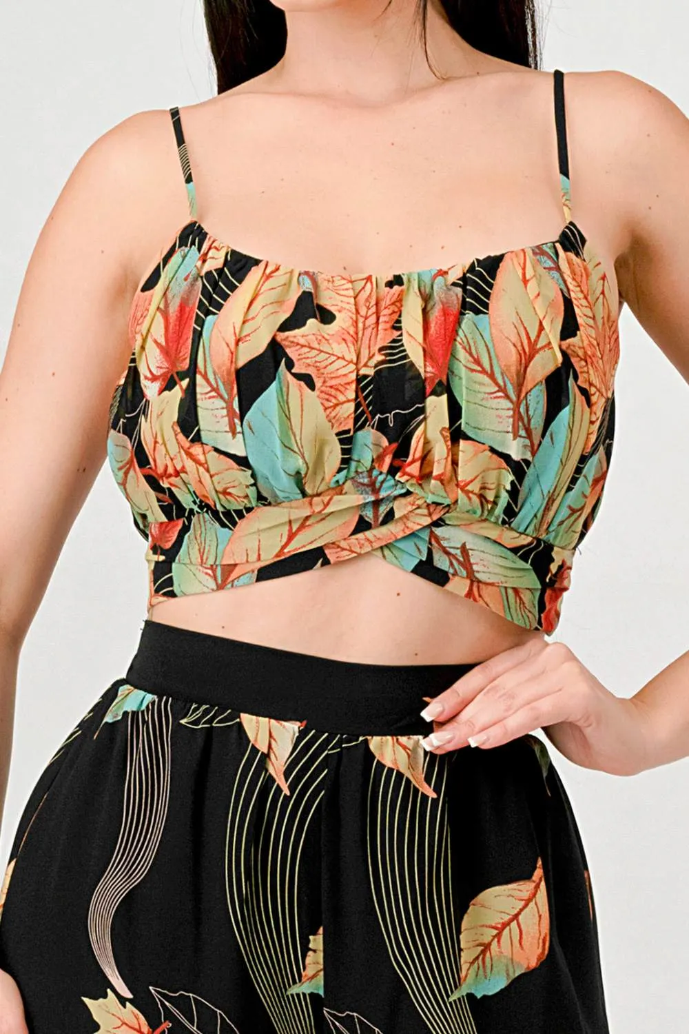 DRY LEAF PRINT CHIFFON CROPPED TOP & PANTS SET