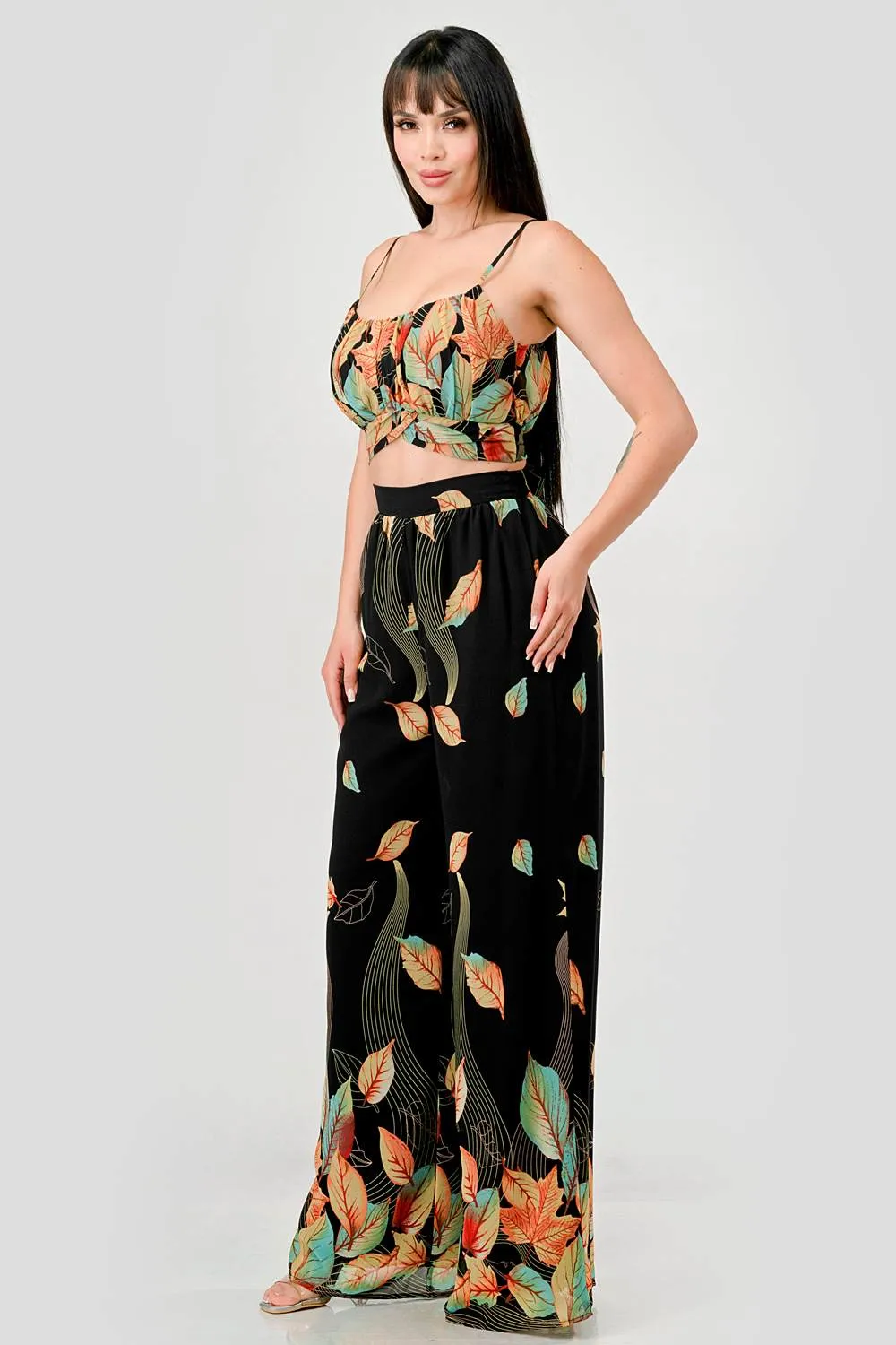 DRY LEAF PRINT CHIFFON CROPPED TOP & PANTS SET