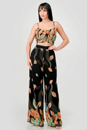 DRY LEAF PRINT CHIFFON CROPPED TOP & PANTS SET