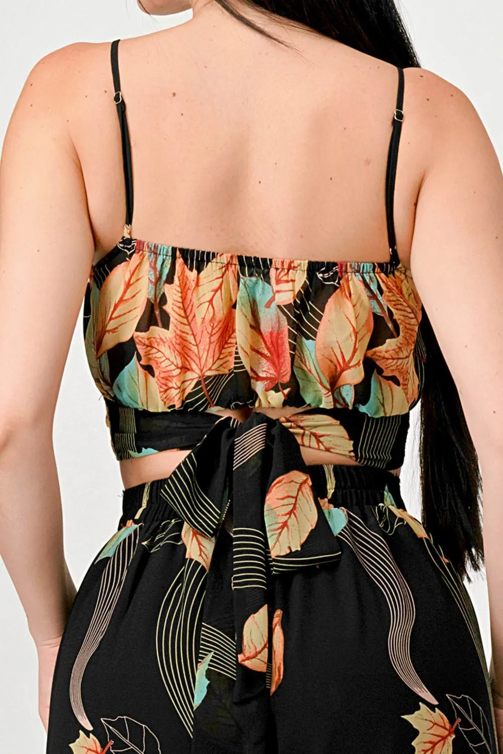 DRY LEAF PRINT CHIFFON CROPPED TOP & PANTS SET