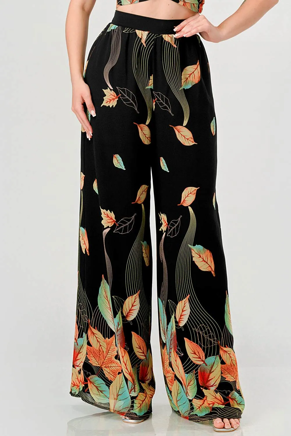 DRY LEAF PRINT CHIFFON CROPPED TOP & PANTS SET