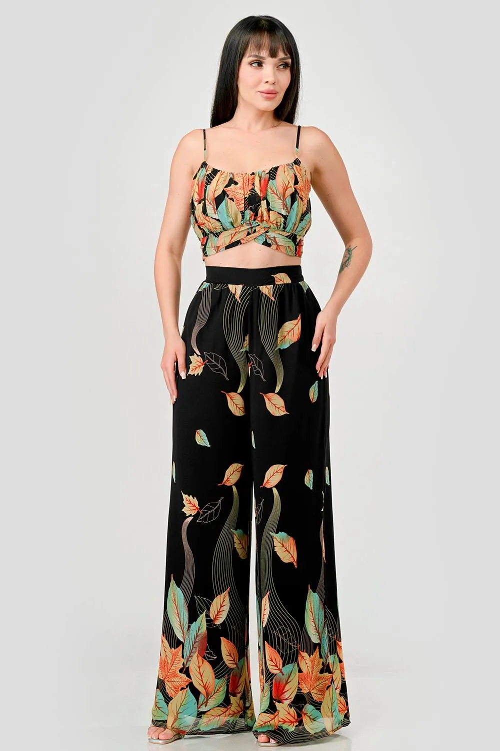 DRY LEAF PRINT CHIFFON CROPPED TOP & PANTS SET