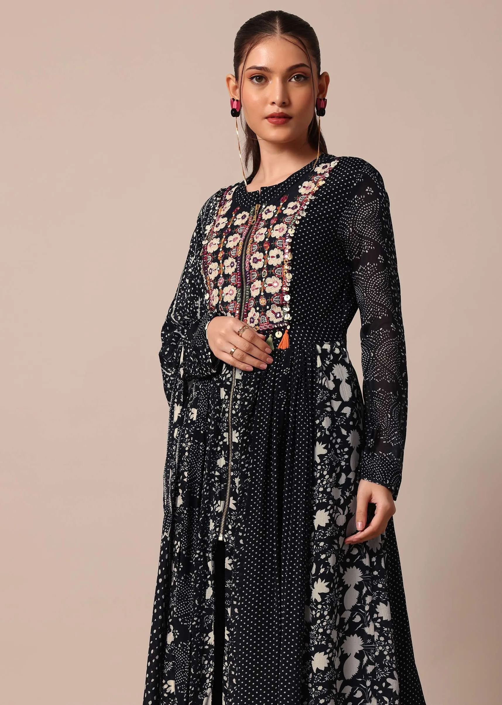 Elegant Black Printed Embroidery Anarkali Pant Set With Dupatta