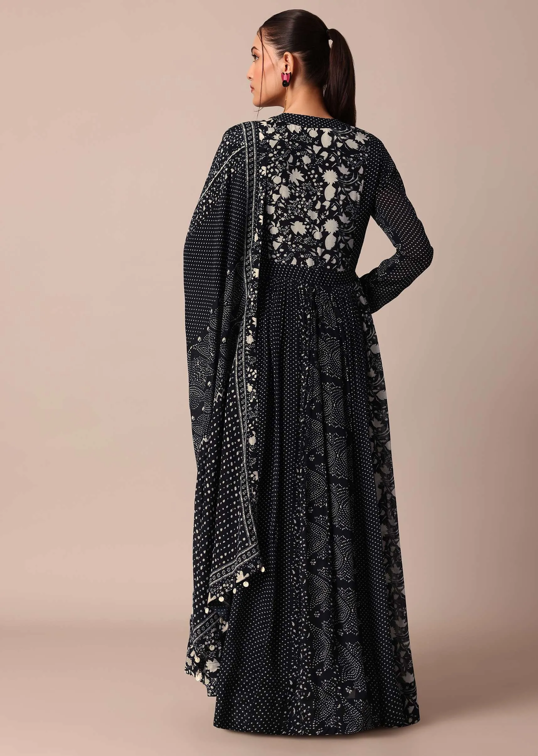 Elegant Black Printed Embroidery Anarkali Pant Set With Dupatta