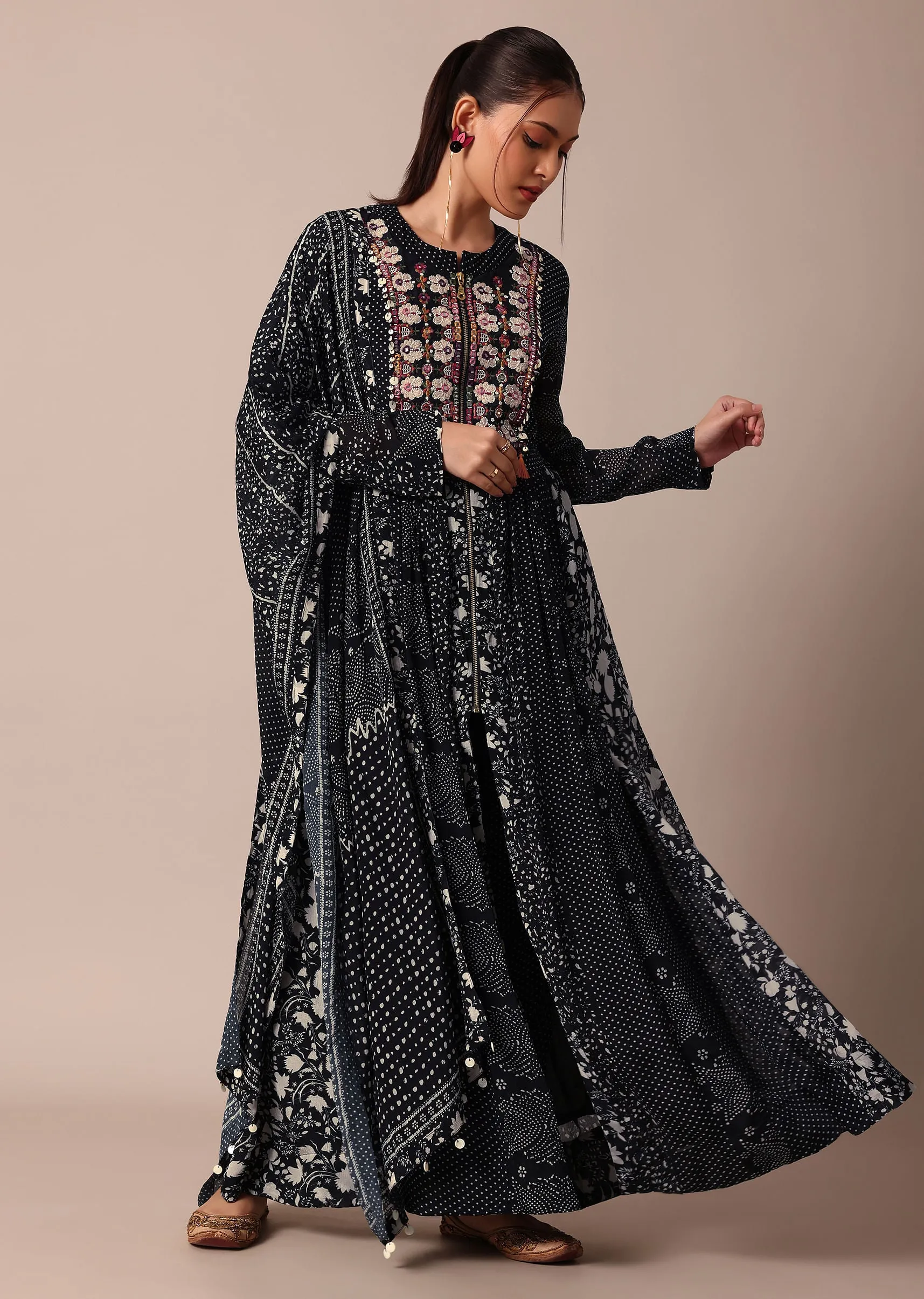 Elegant Black Printed Embroidery Anarkali Pant Set With Dupatta