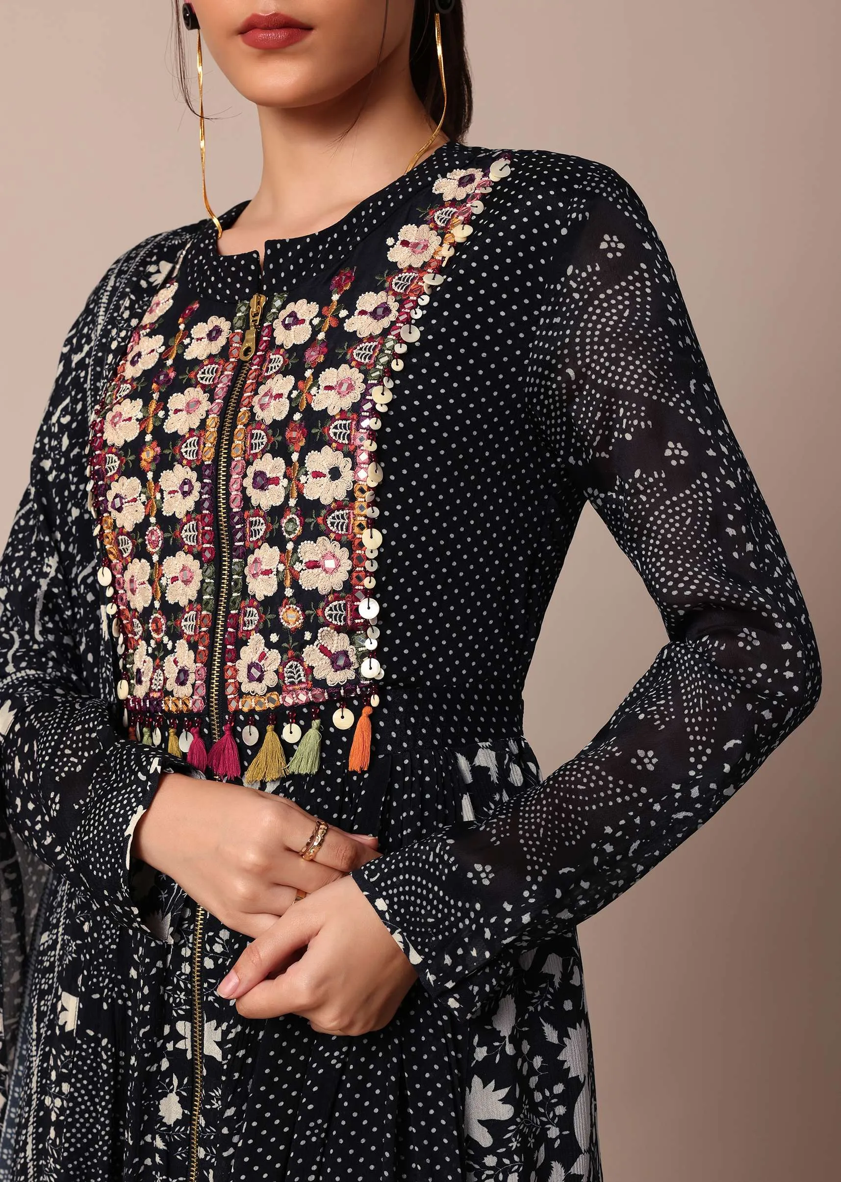 Elegant Black Printed Embroidery Anarkali Pant Set With Dupatta