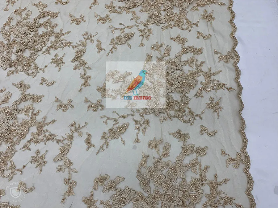 Embroidered Beaded 3D Floral Flowers Beaded Mesh Lace Fabric By The Yard