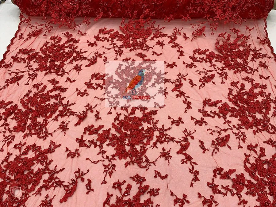 Embroidered Beaded 3D Floral Flowers Beaded Mesh Lace Fabric By The Yard