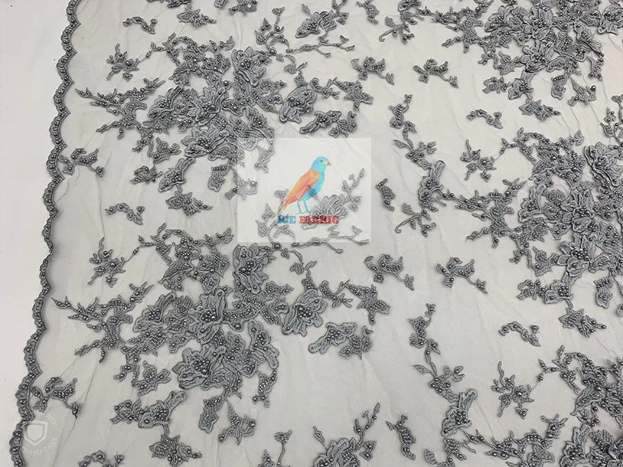 Embroidered Beaded 3D Floral Flowers Beaded Mesh Lace Fabric By The Yard