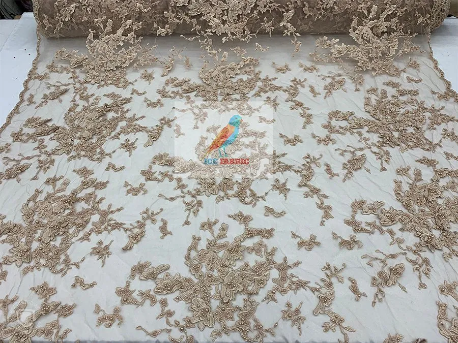 Embroidered Beaded 3D Floral Flowers Beaded Mesh Lace Fabric By The Yard