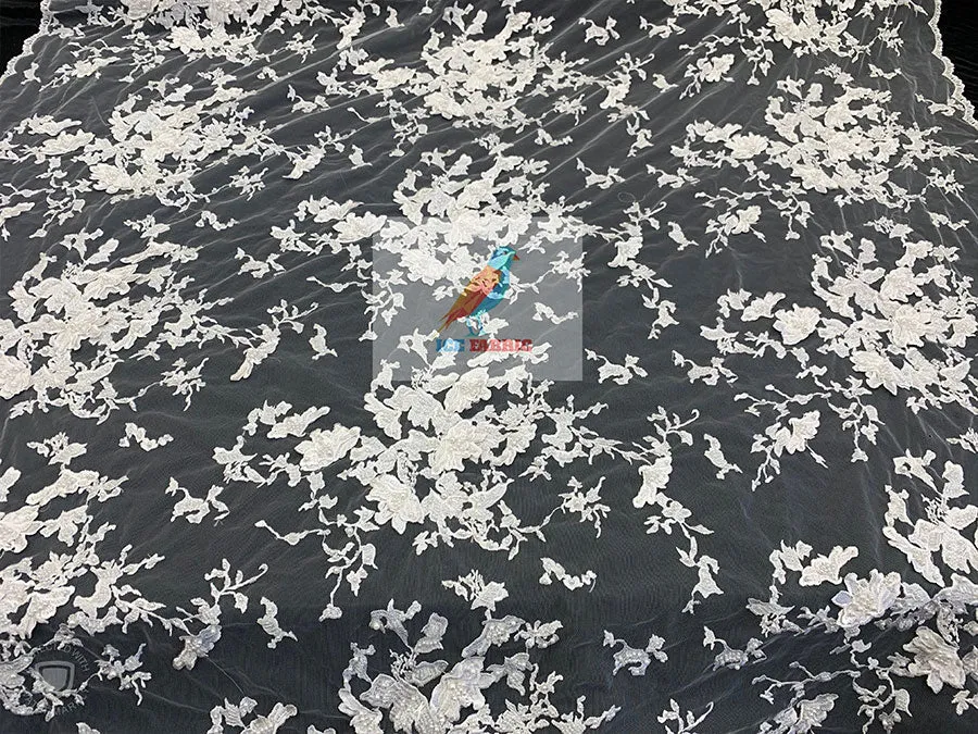 Embroidered Beaded 3D Floral Flowers Beaded Mesh Lace Fabric By The Yard