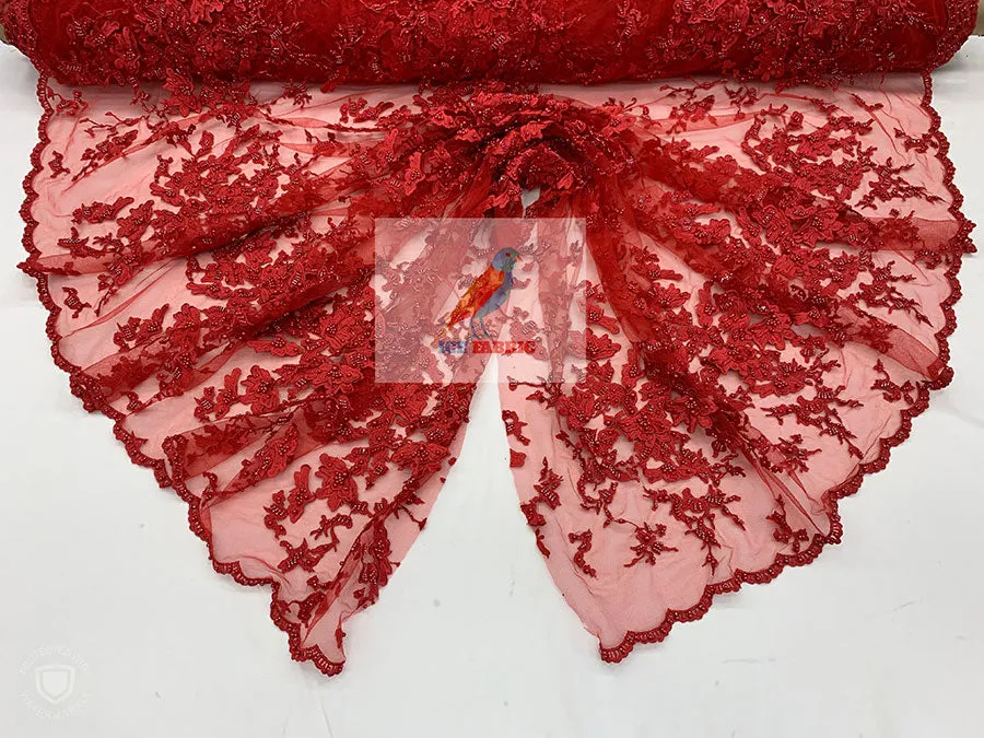 Embroidered Beaded 3D Floral Flowers Beaded Mesh Lace Fabric By The Yard