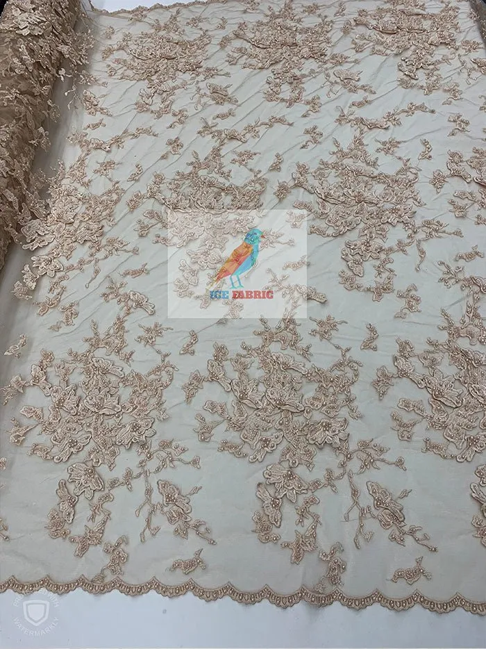Embroidered Beaded 3D Floral Flowers Beaded Mesh Lace Fabric By The Yard