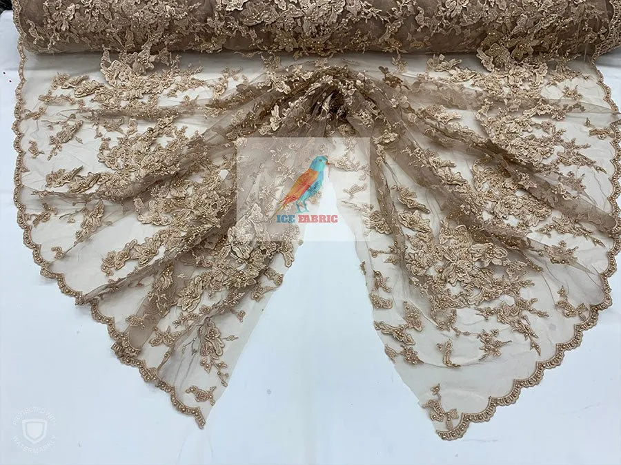 Embroidered Beaded 3D Floral Flowers Beaded Mesh Lace Fabric By The Yard