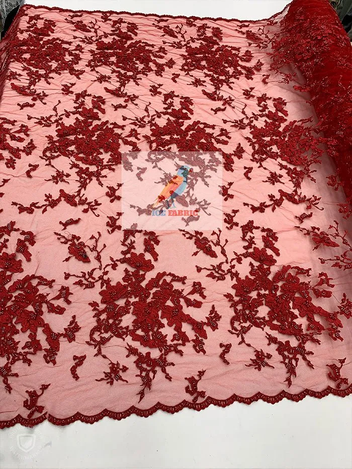 Embroidered Beaded 3D Floral Flowers Beaded Mesh Lace Fabric By The Yard