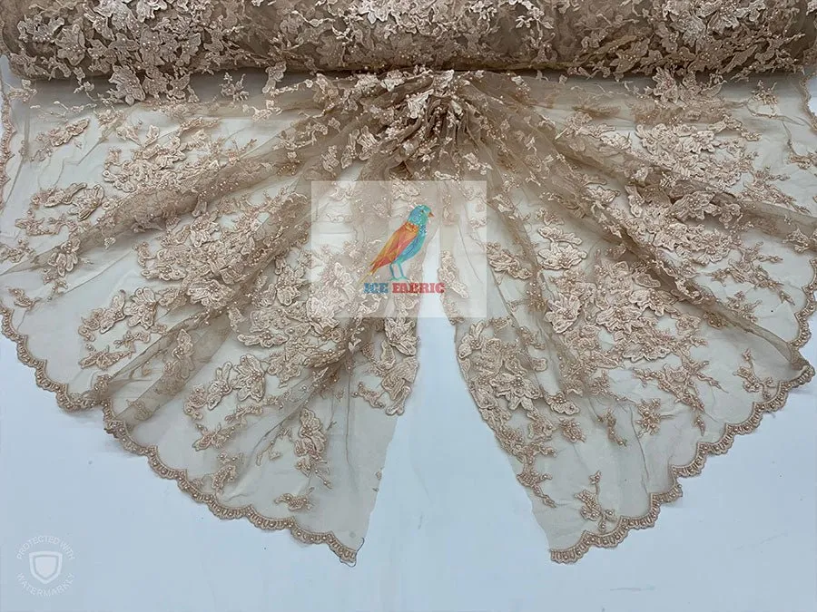 Embroidered Beaded 3D Floral Flowers Beaded Mesh Lace Fabric By The Yard