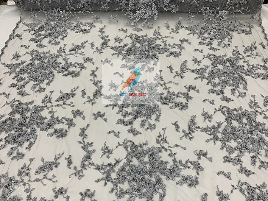 Embroidered Beaded 3D Floral Flowers Beaded Mesh Lace Fabric By The Yard
