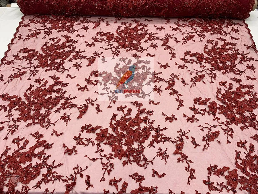 Embroidered Beaded 3D Floral Flowers Beaded Mesh Lace Fabric By The Yard