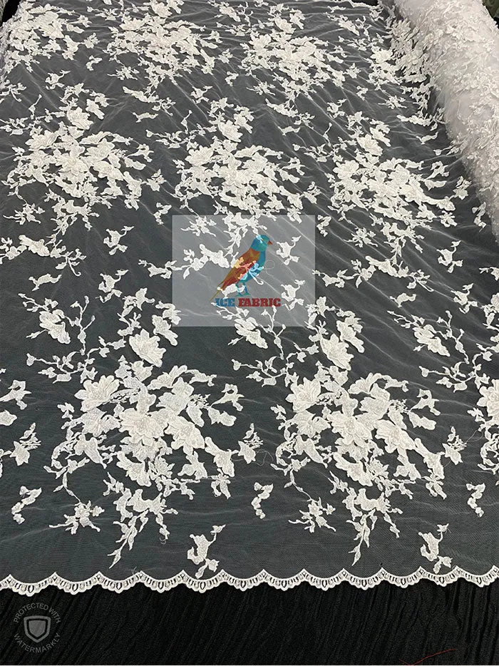 Embroidered Beaded 3D Floral Flowers Beaded Mesh Lace Fabric By The Yard