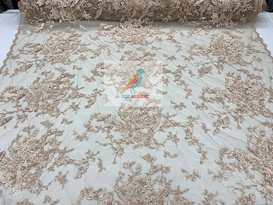Embroidered Beaded 3D Floral Flowers Beaded Mesh Lace Fabric By The Yard