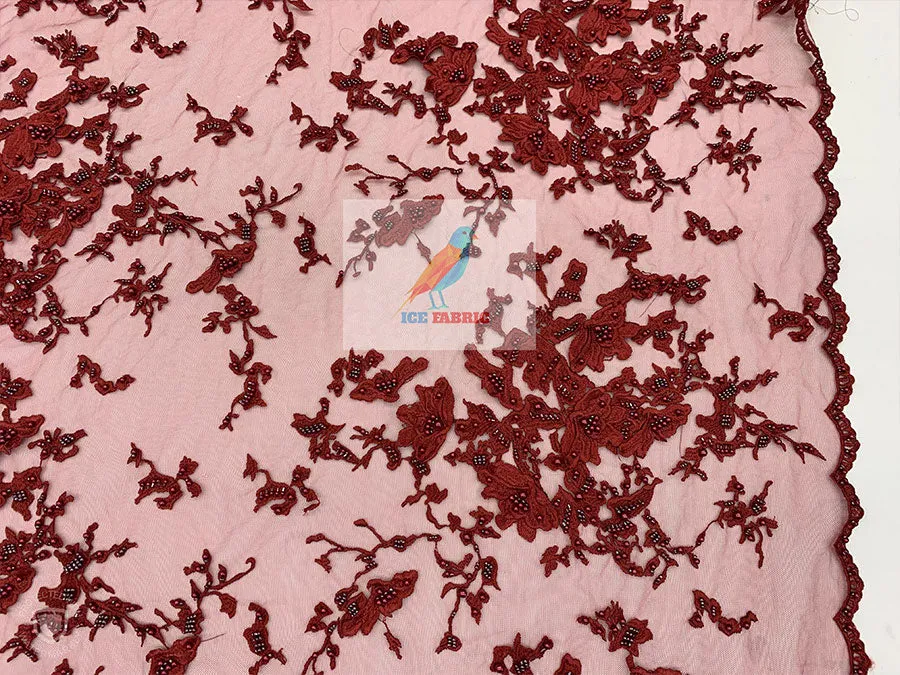 Embroidered Beaded 3D Floral Flowers Beaded Mesh Lace Fabric By The Yard