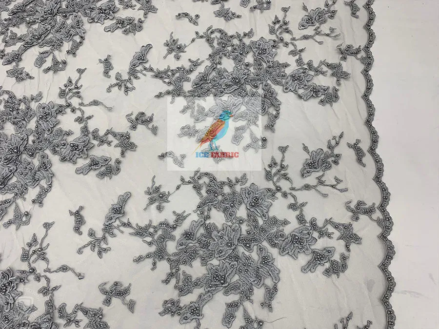 Embroidered Beaded 3D Floral Flowers Beaded Mesh Lace Fabric By The Yard