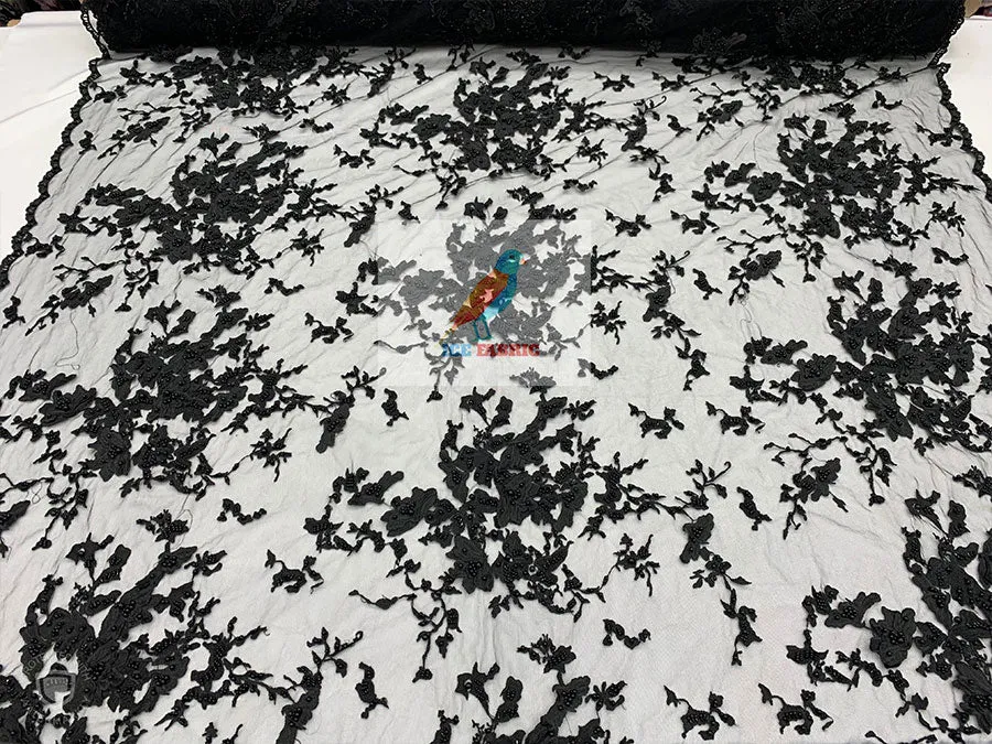 Embroidered Beaded 3D Floral Flowers Beaded Mesh Lace Fabric By The Yard